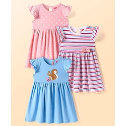 Babyhug Sinker Knit Frill Sleeves Frocks With Animal & Floral Print & Bow Applique Pack of 3 - Blue Pink & Peach
