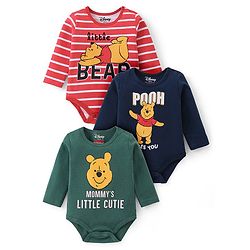 Babyhug Disney Interlock Knit Full Sleeves Onesies with Striped & Winnie The Pooh Print Pack of 3 - Red Green & Navy Blue
