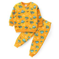Babyhug Cotton Loop Knit Full Sleeves Night Suit Dino Explorer Print - Orange