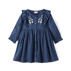 Babyhug Viscose Woven Full Sleeves Frock With Frill Detail & Floral Embroidery - Navy