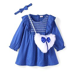 Babyhug Viscose Woven Full Sleeves Frill Detailed Frock With Polka Dots Print Headband & Sling Bag - Blue
