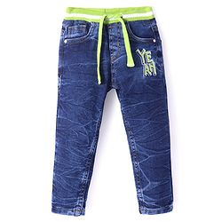Babyhug Denim Full Length Washed Jeans with Stretch Text Print - Navy