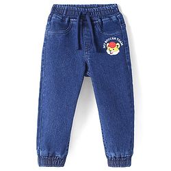 Babyhug Denim Washed Full Length Joggers With Stretch & Cub Face Print - Navy Blue