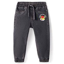 Babyhug Denim Full Length Washed Joggers with Stretch & Lion Print - Charcoal Grey