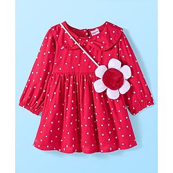 Babyhug Woven Full Sleeves Frock with Sling Bag Floral Print & Bow Detailing - Dark Pink