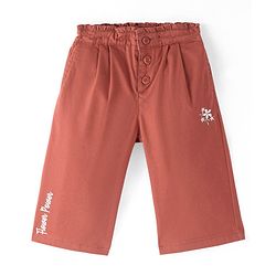 Babyhug Twill Lycra Floral & Text Embroidered Capri Pants with Stretch Solid Colour - Rust Orange