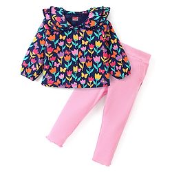 Babyhug Cotton Knit Full Sleeves Floral Printed Top & Leggings Set - Navy & Pink