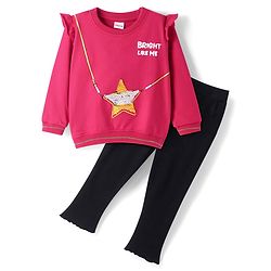 Babyhug Single Jersey Full Sleeves Frill Detailing Top with Reversible Sequin Star and Solid Leggings Set - Dark Pink
