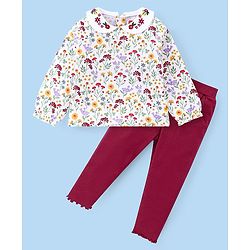 Babyhug Cotton Knit Full Sleeves Peter Pan Collared Top & Lounge Pants Set With Floral Print - White & Pink