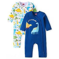 Babyhug 100% Cotton Knit Full Sleeves Romper with Dino Print Pack of 2 - Blue & White