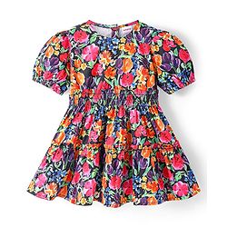 Babyhug Cotton Woven Half Sleeves Floral Printed Frock - Navy Blue