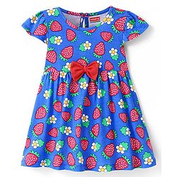Babyhug Cotton Woven Half Cap Sleeves Frock With Strawberry & Floral Print & Bow Applique - Blue