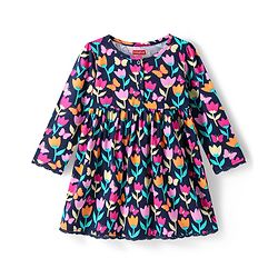 Babyhug Cotton Woven Full Sleeves Frock with Floral Print - Navy Blue