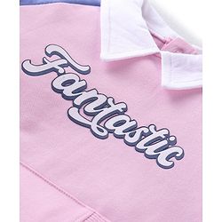 Babyhug Cotton Knit Raglan Sleeves Collared T-Shirt & Lounge Pants Set With Kangaroo Pockets & Text Print - Pink & Blue