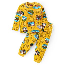 Babyhug Cotton Knit Full Sleeves Night Suit With Camping Theme Print - Yellow