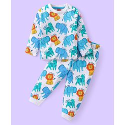 Babyhug Cotton Knit Full Sleeves Night Suit Wild Animals Print- Light Grey