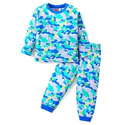 Babyhug Cotton Knit Full Sleeves Night Suit With Camouflage Print - Blue & Melange Grey