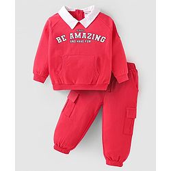Babyhug Cotton Knit Full Sleeves Collared T-Shirt & Lounge Pants Set With Kangaroo Pockets & Text Print - Red