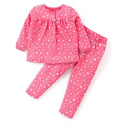 Babyhug Cotton Knit Full Sleeves Star Printed Night Suit - Dark Pink