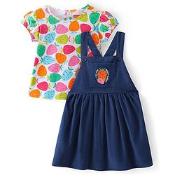 Babyhug Courduroy Frock With Half Sleeves Tropical Fruits Printed Inner Tee - White & Navy