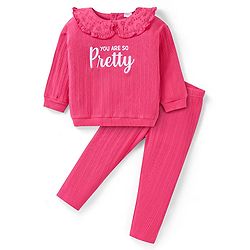 Babyhug Terry Knit Full Sleeves Top & Solid Denim Jeans Set With Butterfly & Floral Print - Navy Blue