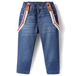 Babyhug Denim Full Length Washed Jeans With Stretch And Suspender - Blue