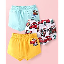 Babyhug Disney Interlock Knit Briefs with Car Graphics Pack of 3 - Yellow White & Light Blue