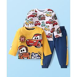 Babyhug Disney Single Jersey Knit Full Sleeves Cars Printed T-Shirts & Joggers Set - Yellow White & Blue