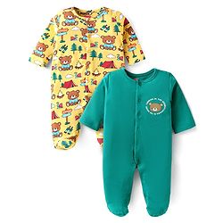 Babyhug Cotton Knit Full Sleeves Solid & Animal Printed Footed Sleep Suits Pack of 2 - Yellow & Green