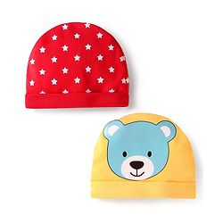 Babyhug 100% Cotton Caps with Polka Dots & Bear Print Pack of 2 - Red & Yellow