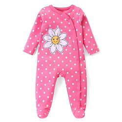 Babyhug Cotton Knit Full Sleeves Front Open Footed Sleepsuit with Polka Dots Print - Dark Pink
