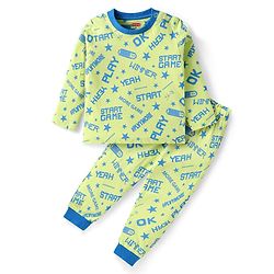 Babyhug Cotton Knit Full Sleeves Text Printed Night Suit - Neon Green