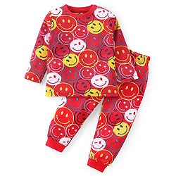 Babyhug Cotton Woven Full Sleeves Night Suit with Smiley Print - Red