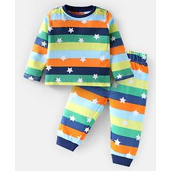 Babyhug Cotton Knit Full Sleeves Night Suit with Stripes & Star Print - Green