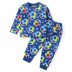 Babyhug Cotton Knit Full Sleeves Night Suit With Footballs Print - Navy