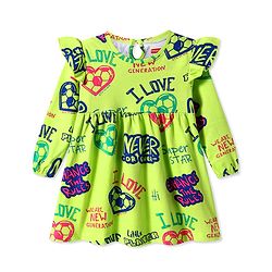 Babyhug Single Jersey Knit Full Sleeves Frock With Text Print - Green