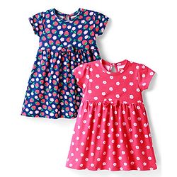Babyhug Single Jersey Knit Half Sleeves Dresses With Floral & Fruit Print & Bow Applique Pack of 2 - Dark Pink & Navy Blue