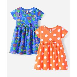 Babyhug Single Jersey Knit Half Sleeves Frocks With Floral & Polka Dots Print Pack Of 2 - Blue & Orange