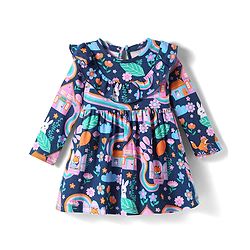 Babyhug Single Jersey Knit Full Sleeves Floral Printed Frock with Frill Detailing - Navy Blue