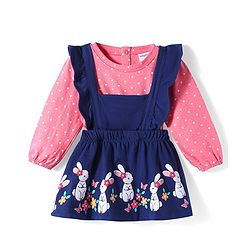 Babyhug Cotton Knit Full Peasant Sleeves T-Shirt & Frock with Bunny & Polka Dots Print - Navy Blue