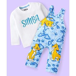Babyhug Disney Single Jersey Knit Full Length Dungaree & Full Sleeves T-Shirt with The Lion King Graphics - White & Sky Blue