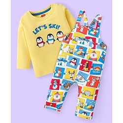 Babyhug Single Jersey Knit Dungaree and Full Sleeves T-Shirt Set with Penguins Print - White & Yellow