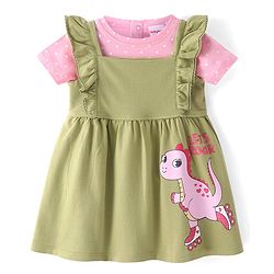 Babyhug Cotton Knit Frock with Half Sleeves Inner T-Shirt with Polka Dots & Dino Print - Pink & Olive Green