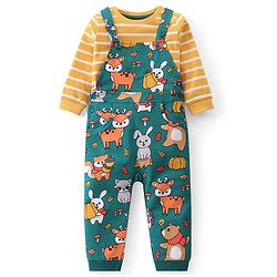 Babyhug Single Jersey Knit Full Sleeves Striped T-Shirt & Dungaree with Animal Print - Yellow & Green