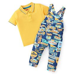 Babyhug Single Jersey Knit Half Sleeves Polo T-Shirt & Full Length Dungaree Set with Palm Beach Print -Yellow & Navy