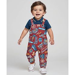 Babyhug Single Jersey Knit Dungaree with Polo T-Shirt Text Print - Navy Blue & Red