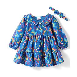 Babyhug Viscose Woven Full Sleeves Front Open Peter Pan Collared Frock with Headband & Butterfly Print - Blue