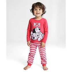 Babyhug Disney Cotton Knit Full Sleeves Night Suit With Stripes & 101 Dalmatians Print - Red