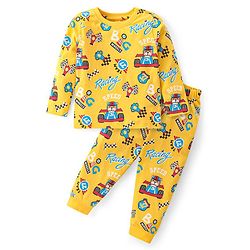 Babyhug Cotton Knit Full Sleeves Night Suit with Car & Bear Print - Yellow