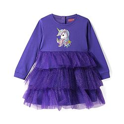 Babyhug Cotton Knit Full Sleeves Layered Frock with Shimmer Detailing & Unicorn Print - Purple